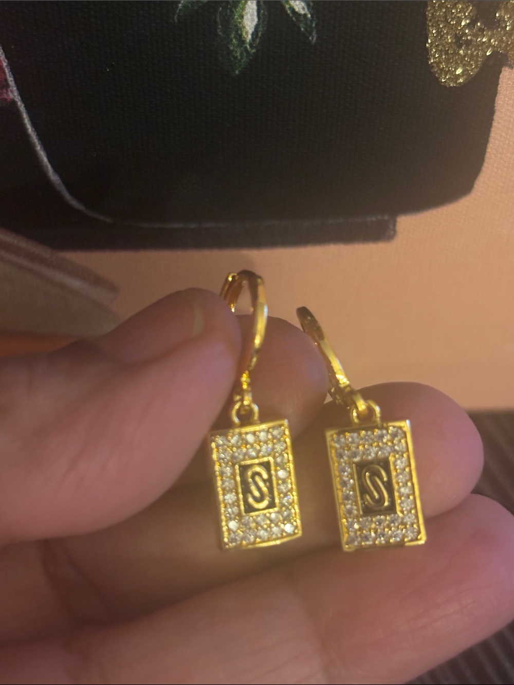 Gold Pave Rectangular Drop Earrings with 'S' Motif